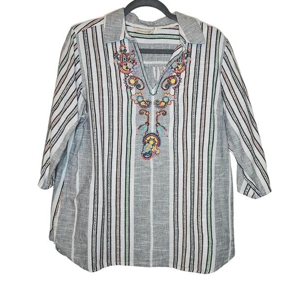 Soft surroundings Brookhaven Aruba Blue Emboridered Striped Blouse sz Large - Picture 1 of 8